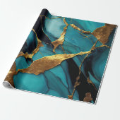 Deep Teal Marble with Bold Gold Veins Cadeaupapier (Uitgerold)