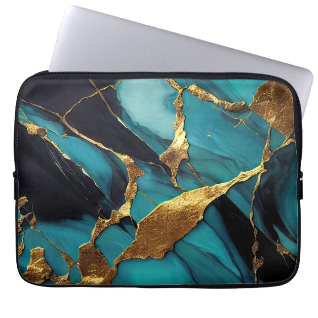 Deep Teal Marble with Bold Gold Veins Laptop Sleeve (Voorkant)