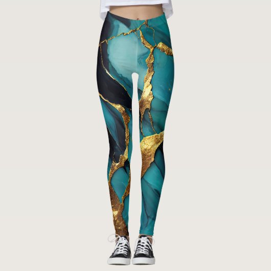 Deep Teal Marble with Bold Gold Veins Leggings (Voorkant)