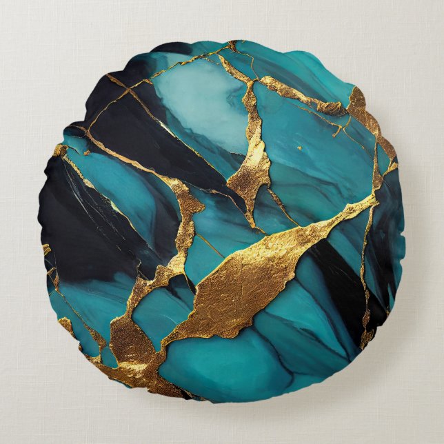 Deep Teal Marble with Bold Gold Veins Rond Kussen (Voorkant)