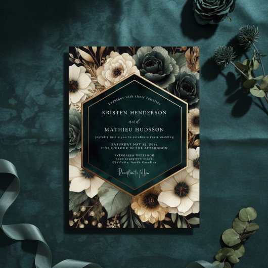 Deep Teal Moody Bloom Wedding Kaart