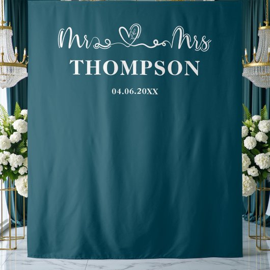 Deep Teal | Mr and Mrs Elegant Simple Backdrop Wandkleed