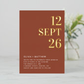 Deep Terracotta & Gold Wedding | Minimalist Photo Folie Uitnodiging (Staand Voorkant)