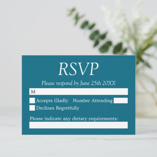 Deep Turquoise Blue Wedding RSVP Kaart (Staand voorkant)
