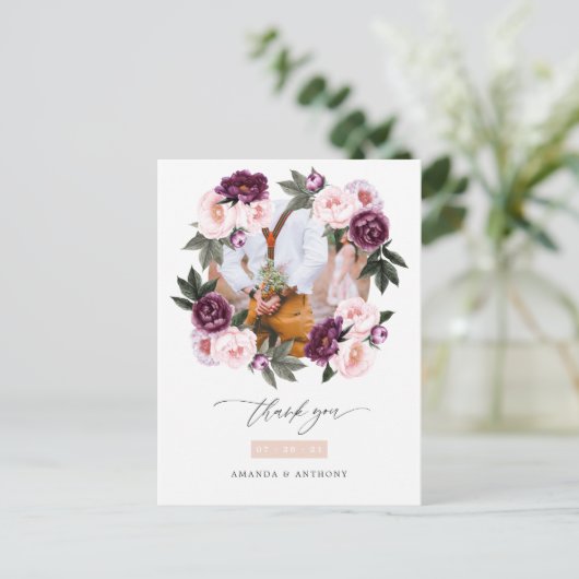 Deep Velvet & Blush Roze Bloemen Bruiloft Dank u Briefkaart (Staand voorkant)