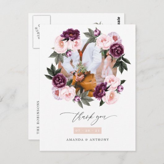 Deep Velvet & Blush Roze Bloemen Bruiloft Dank u Briefkaart (Voorkant / Achterkant)