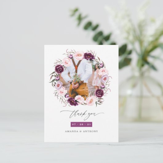 Deep Velvet & Blush Roze Bloemen Bruiloft Dank u Briefkaart (Staand voorkant)