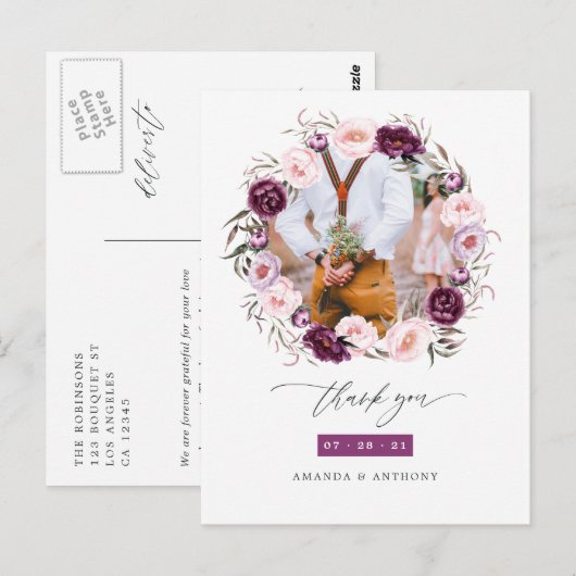 Deep Velvet & Blush Roze Bloemen Bruiloft Dank u Briefkaart (Voorkant / Achterkant)