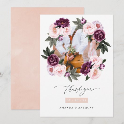 Deep Velvet en Blush Roze Bloemen Bruiloft Foto Bedankkaart (Voorkant / Achterkant)