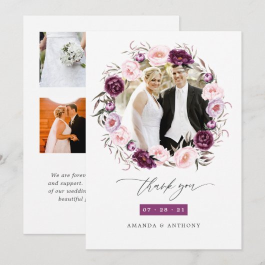 Deep Velvet en Blush Roze Bloemen Bruiloft Foto Bedankkaart (Voorkant / Achterkant)