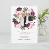 Deep Velvet en Blush Roze Bloemen Bruiloft Foto Bedankkaart (Staand voorkant)