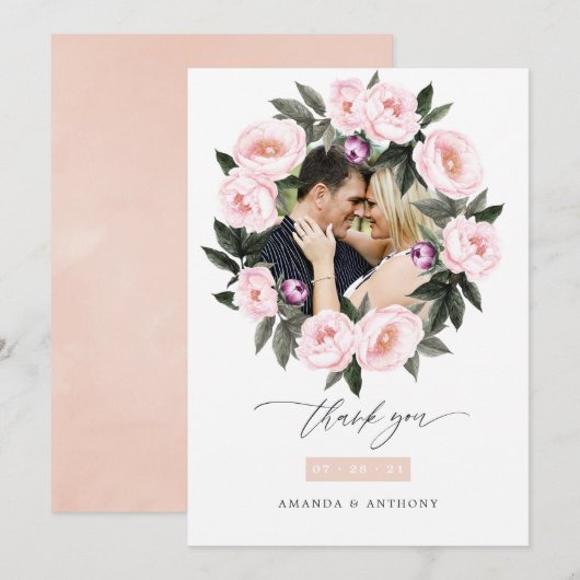 Deep Velvet en Blush Roze Bloemen Bruiloft Foto Bedankkaart (Voorkant / Achterkant)