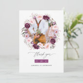 Deep Velvet en Blush Roze Bloemen Bruiloft Foto Bedankkaart (Staand voorkant)