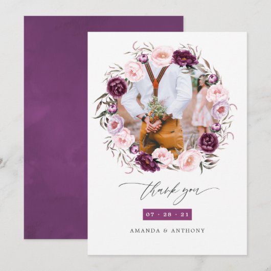 Deep Velvet en Blush Roze Bloemen Bruiloft Foto Bedankkaart (Voorkant / Achterkant)