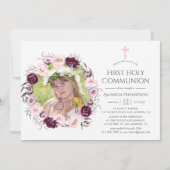 Deep Velvet en Struik Pink Floral Eerste Communie Kaart (Voorkant)