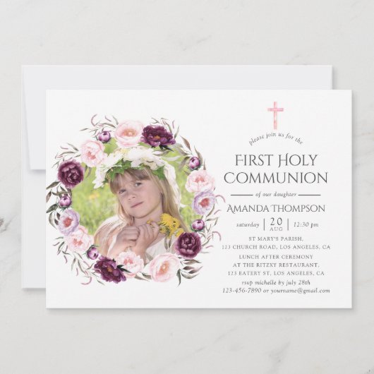 Deep Velvet en Struik Pink Floral Eerste Communie Kaart (Voorkant)