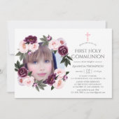 Deep Velvet en Struik Pink Floral Eerste Communie Kaart (Voorkant)
