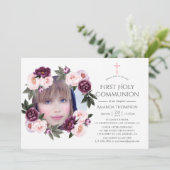 Deep Velvet en Struik Pink Floral Eerste Communie Kaart (Staand voorkant)