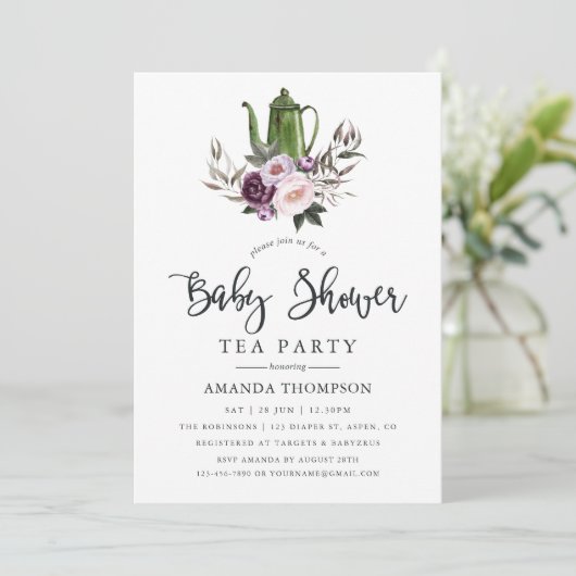 Deep Velvet Floral Baby shower Tea Party Kaart (Staand voorkant)