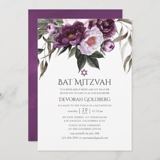Deep Velvet Floral Bat Mitzvah Kaart (Voorkant / Achterkant)