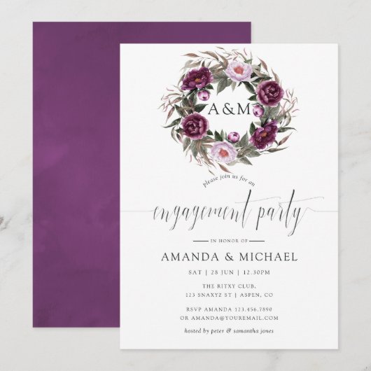 Deep Velvet Floral Monogram Engagement Party Kaart (Voorkant / Achterkant)