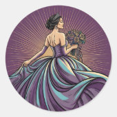 Deep Violet Rhapsody Tiara & Bouquet Quinceañera Ronde Sticker (Voorkant)