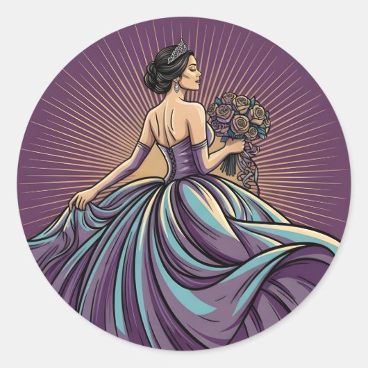 Deep Violet Rhapsody Tiara & Bouquet Quinceañera Ronde Sticker (Voorkant)