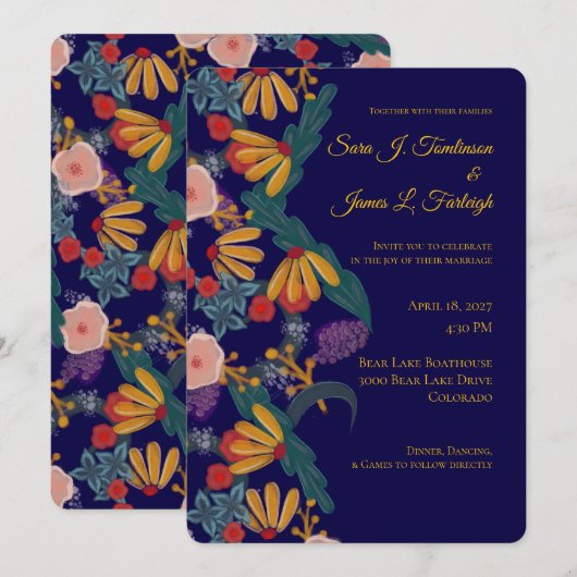 Deep Wildflower Garden Illustrated Wedding Kaart (Voorkant / Achterkant)