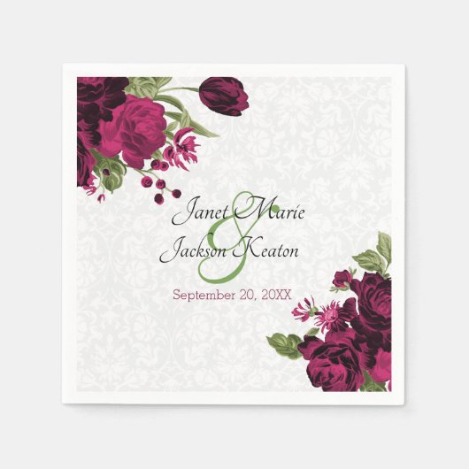Deep Wine Floral Wedding Napkins Servet (Voorkant)