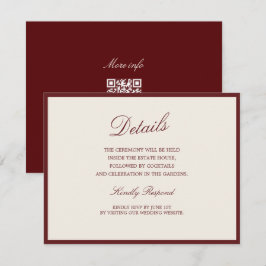 Deep Wine Old Money QR Wedding Details Card Informatiekaartje