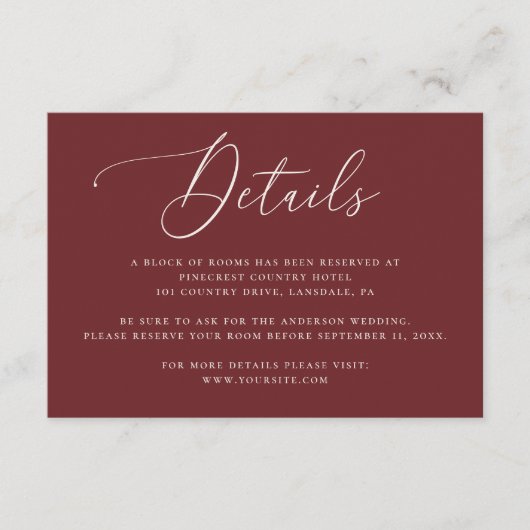 Deep Wine Red Wedding Details | Accommodation Informatiekaartje (Voorkant)