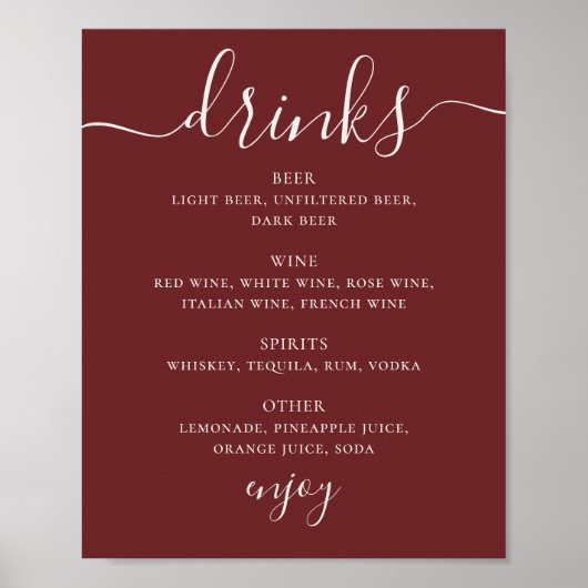 Deep Wine Red Wedding Drinks Menu. Modern Bar Sign Poster (Voorkant)