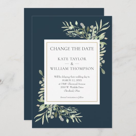 Deep Zee Blue Verander de datum Groen Bruiloft Save The Date (Voorkant / Achterkant)