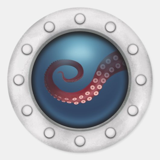 Deep Zee Creature Ship Porthole Steampunk Octopus Ronde Sticker (Voorkant)