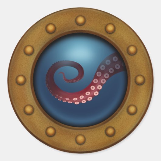 Deep Zee Creature Ship Porthole Steampunk Octopus Ronde Sticker (Voorkant)