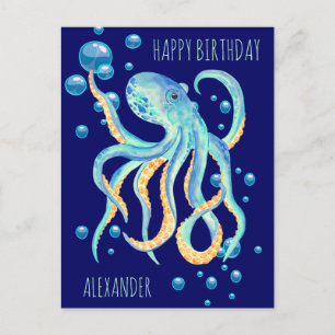 Deep Zee Octopus Blue Bubble Navy Verjaardag Briefkaart