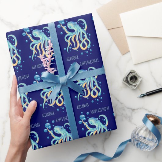 Deep Zee Octopus Blue Bubble Navy Verjaardag Cadeaupapier (Geschenken)