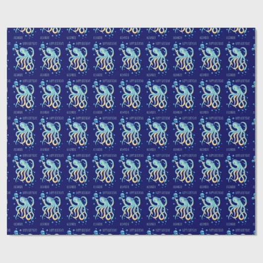 Deep Zee Octopus Blue Bubble Navy Verjaardag Cadeaupapier (Vlak)
