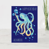Deep Zee Octopus Blue Bubble Navy Verjaardag Kaart (Voorkant)