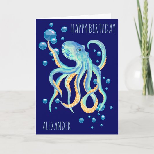 Deep Zee Octopus Blue Bubble Navy Verjaardag Kaart (Voorkant)