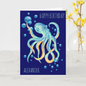 Deep Zee Octopus Blue Bubble Navy Verjaardag Kaart (Gele Bloem)
