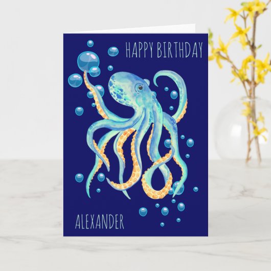 Deep Zee Octopus Blue Bubble Navy Verjaardag Kaart (Gele Bloem)