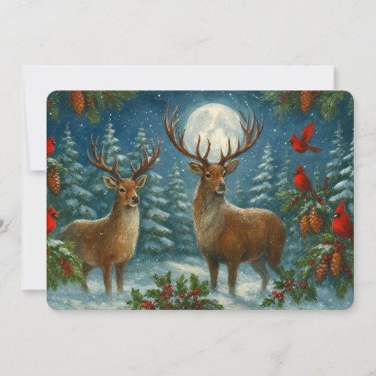 Deer And Cardinals On A Moon-lit Night Christmas Feestdagenkaart (Voorkant)