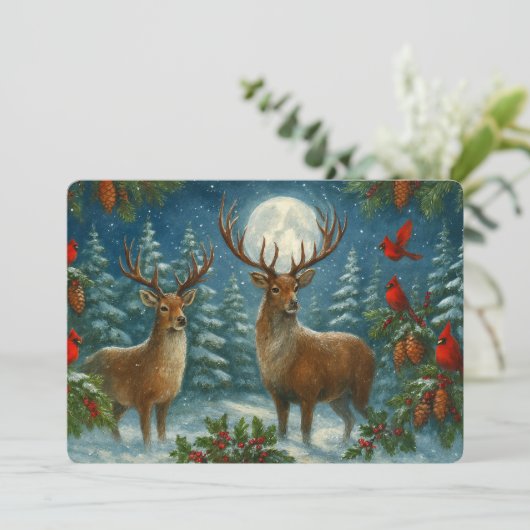 Deer And Cardinals On A Moon-lit Night Christmas Feestdagenkaart (Staand voorkant)