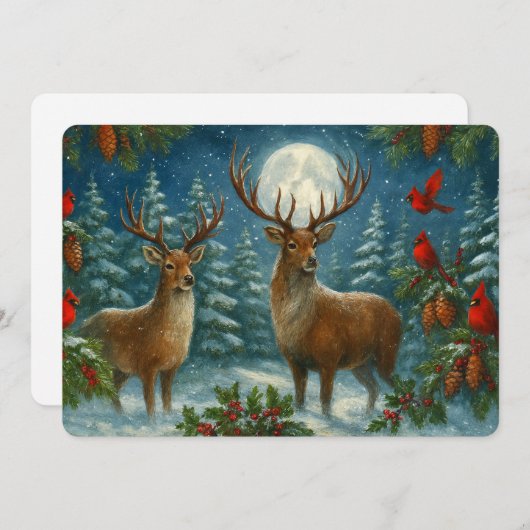 Deer And Cardinals On A Moon-lit Night Christmas Feestdagenkaart (Voorkant / Achterkant)