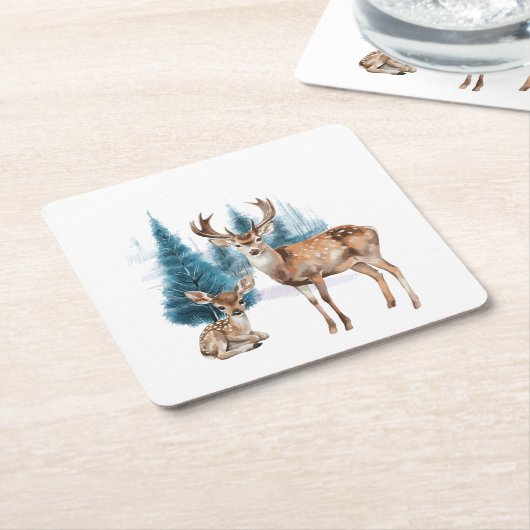 Deer and doe with snowy pine tree kartonnen onderzetters (Schuin)