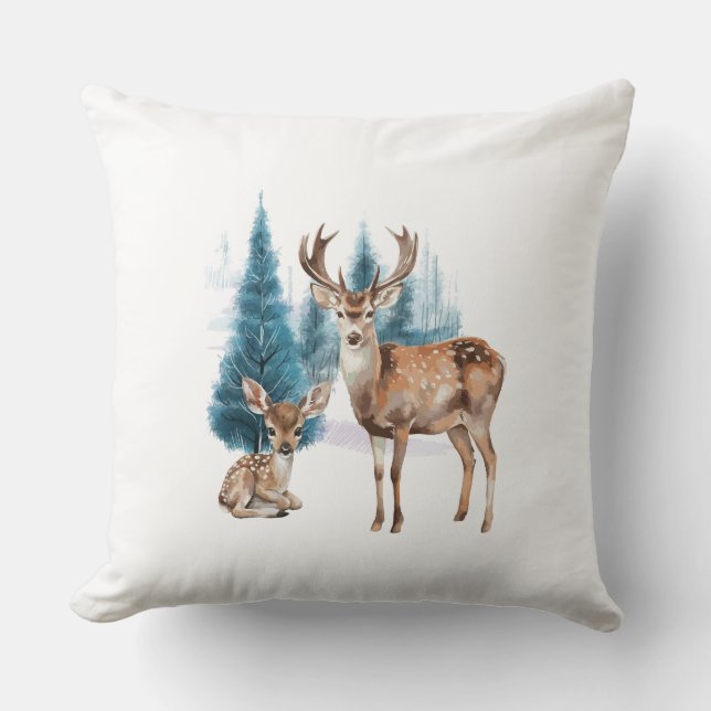 Deer and doe with snowy pine tree kussen (Voorkant)