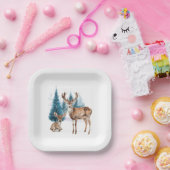 Deer and doe with snowy pine tree papieren bordje (Feest)