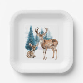 Deer and doe with snowy pine tree papieren bordje