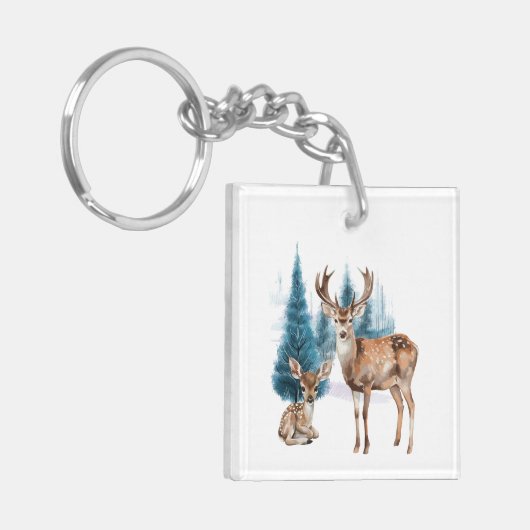 Deer and doe with snowy pine tree sleutelhanger (Voorkant Links)
